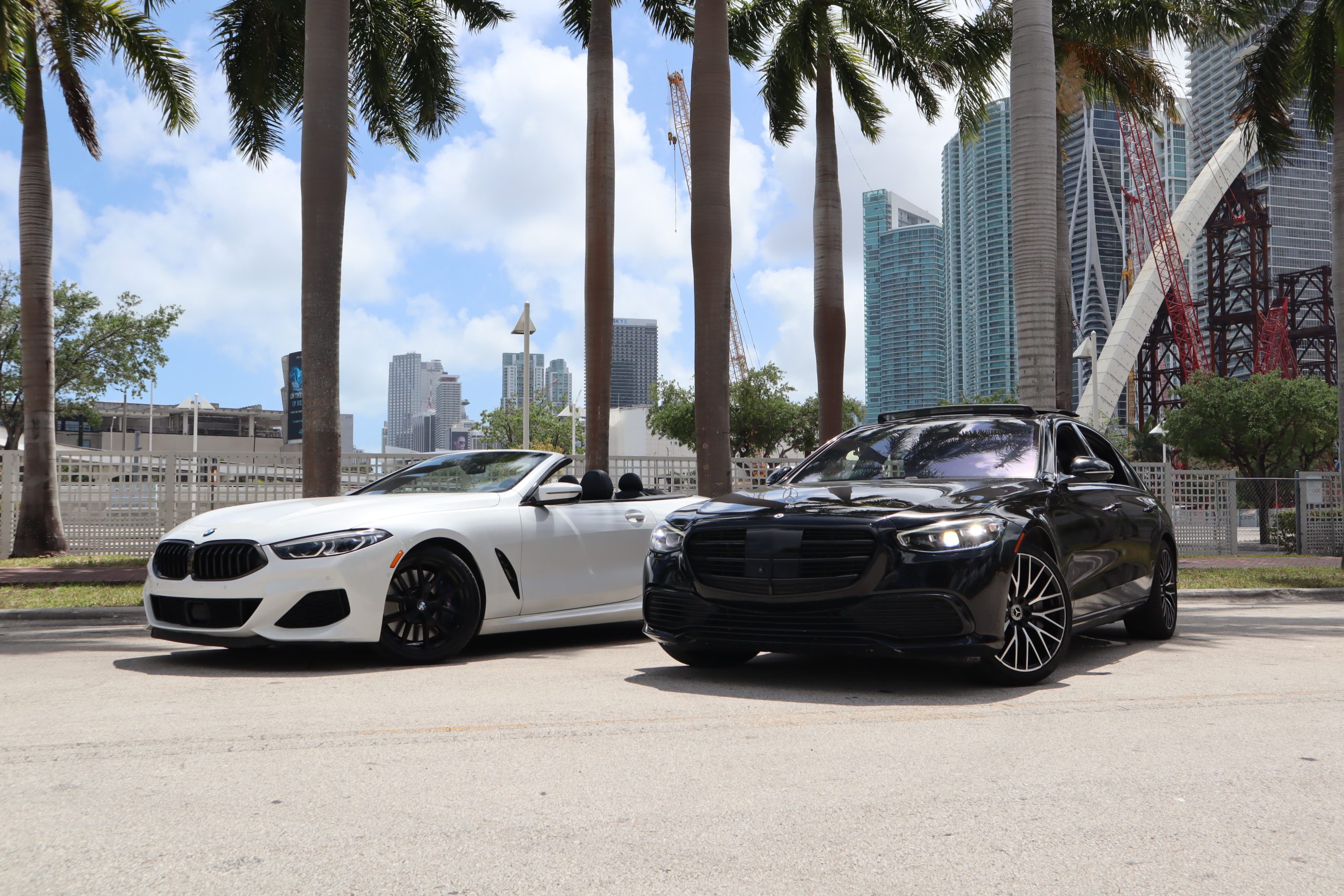 Rizz Rentals BMW convertible and Mercedes-Benz beneath the palms in Miami
